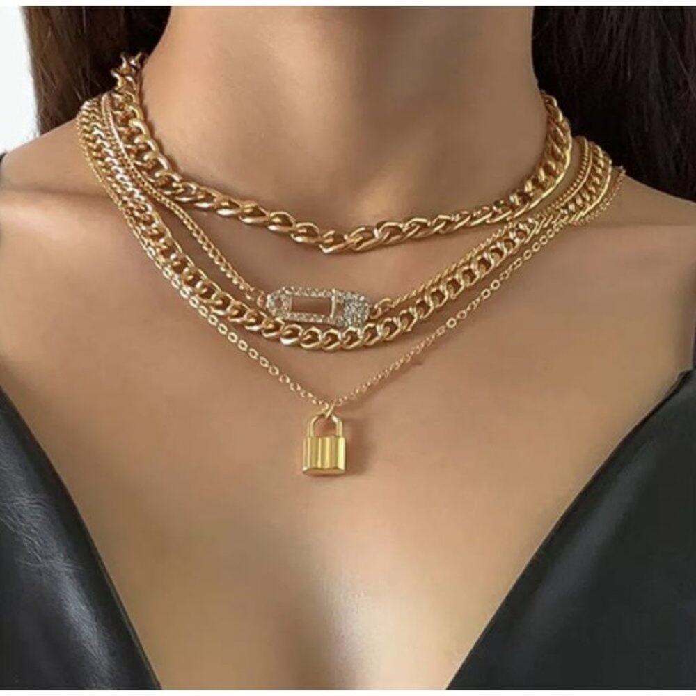 4 Piece Women's Gold Tone Chain Necklace Set Pin and Lock
